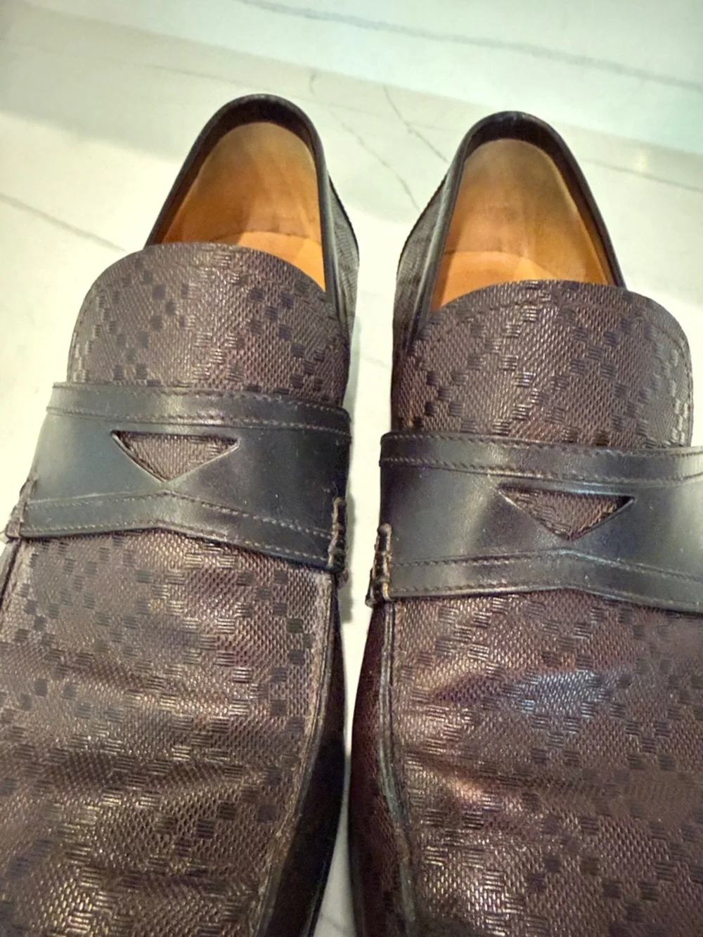Gucci Dark Brown Monogram Leather Penny Loafers
